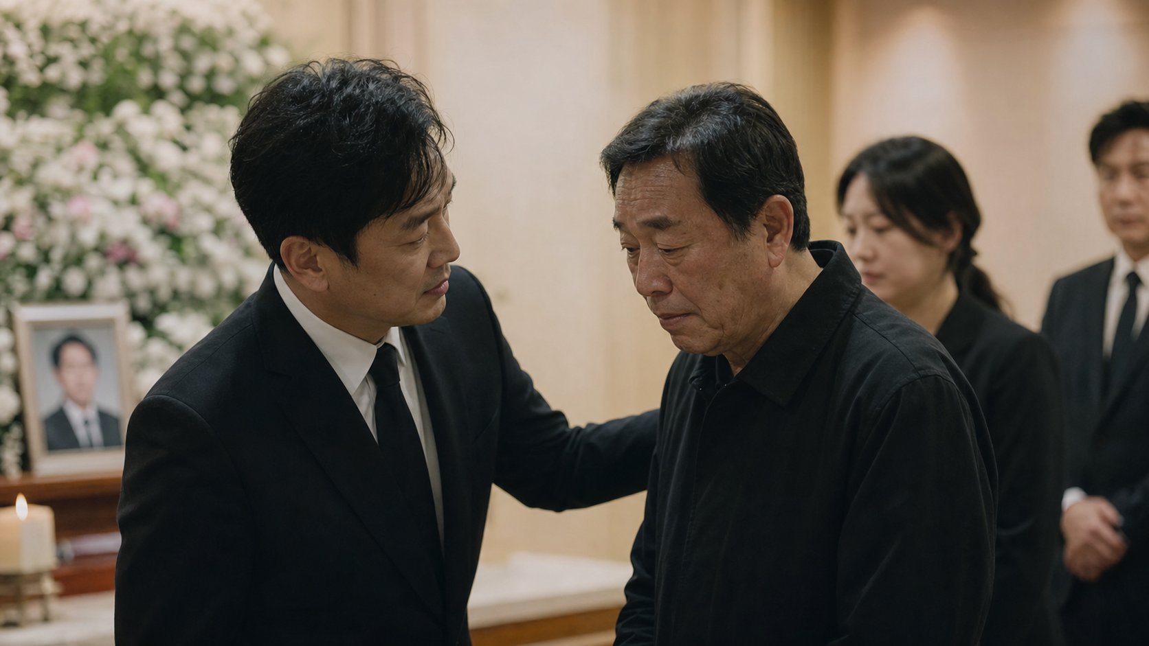 조문객이 상주에게 위로의 말을 건네고 물러나는 모습