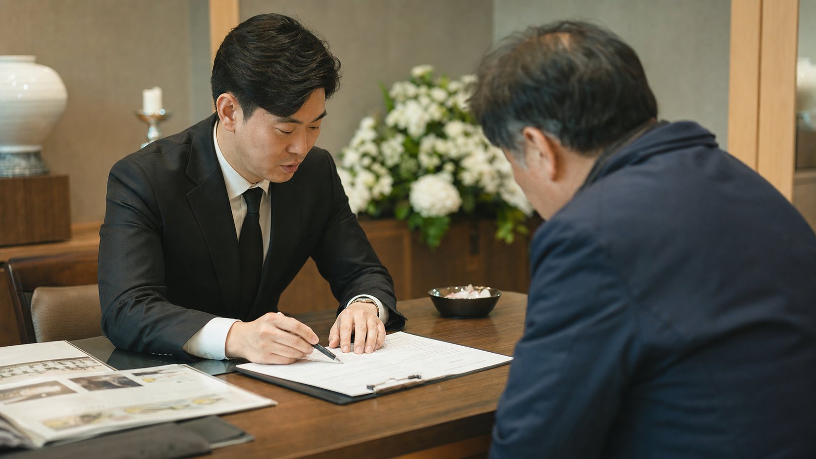 상담 데스크에서 상담원이 계약서 항목을 설명하는 모습