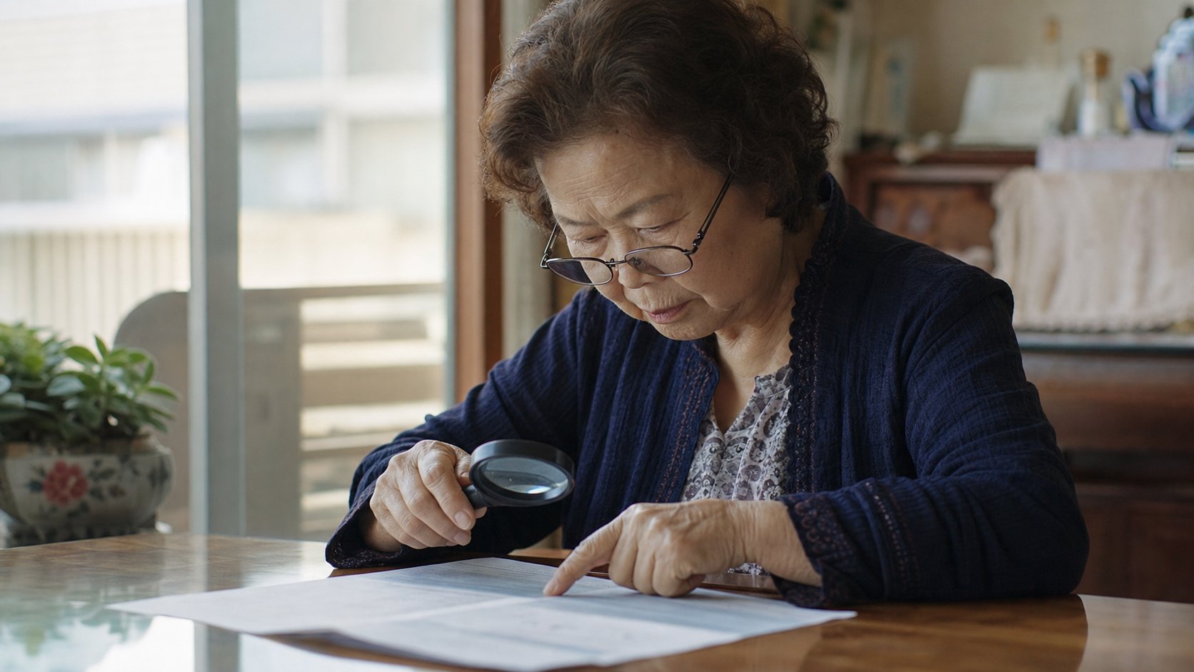 돋보기로 환급 규정 서류를 확인하는 노년 여성