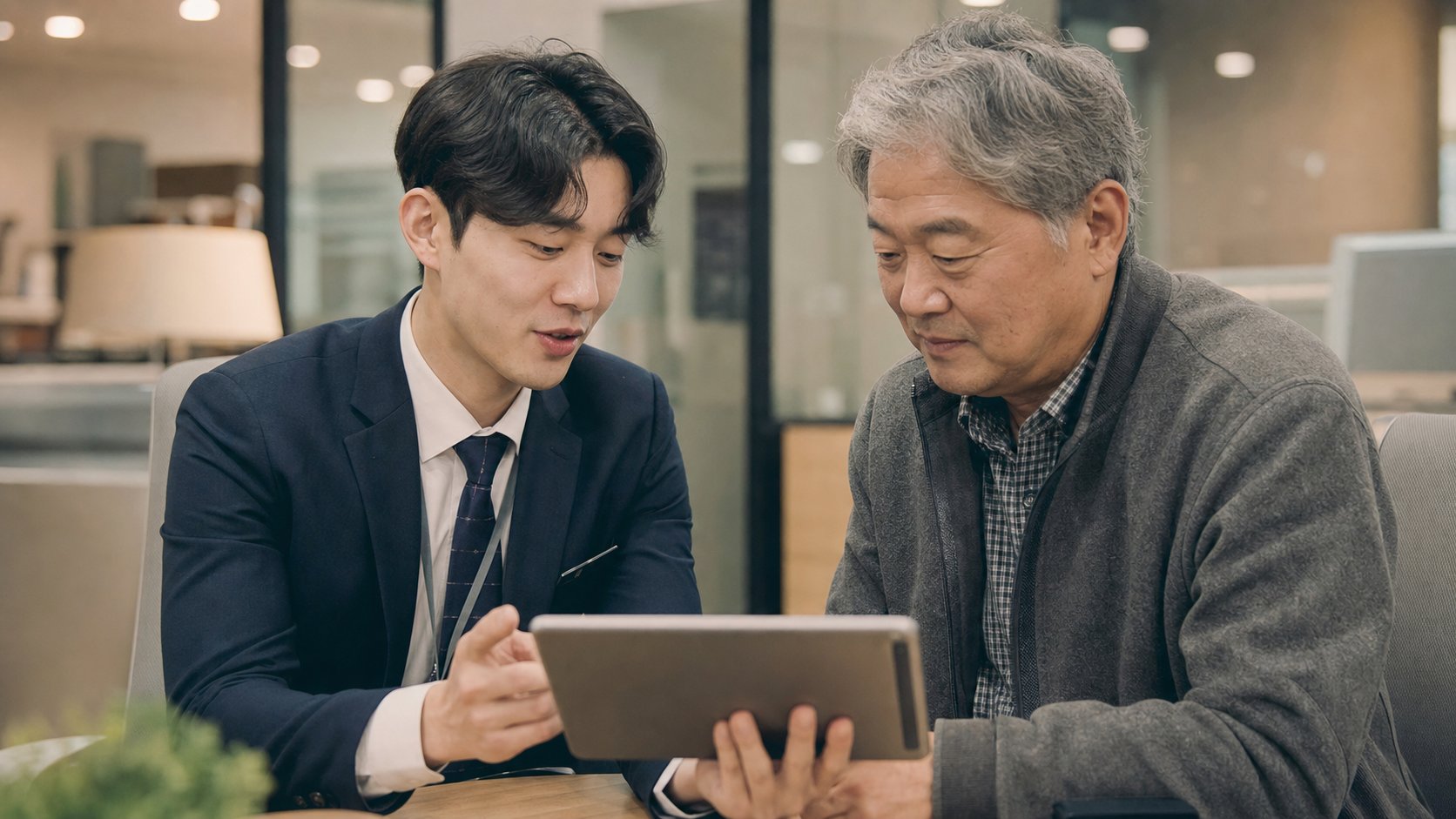 태블릿으로 상조 회사 등록 정보를 보여주는 직원