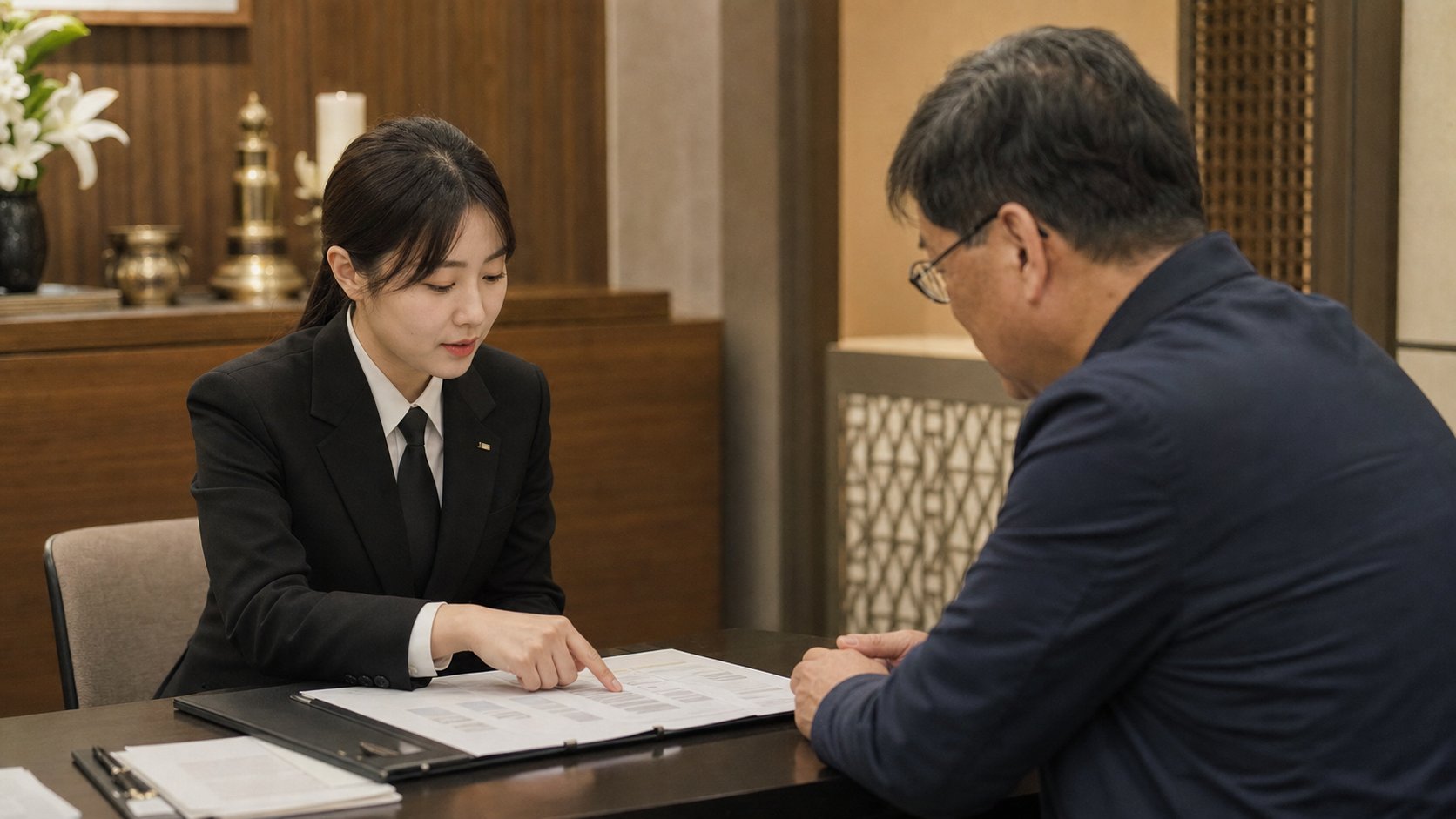 월 납입금과 총액 안내표를 손으로 짚으며 설명하는 직원
