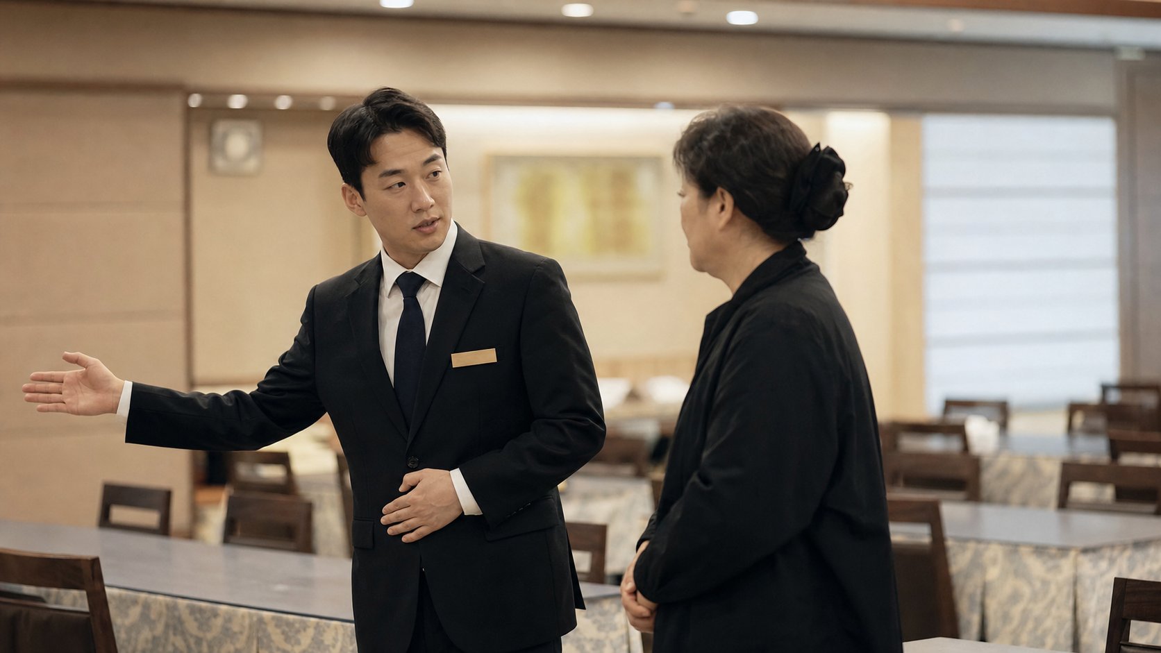 접객실에서 음식과 시설 비용을 유가족에게 안내하는 직원