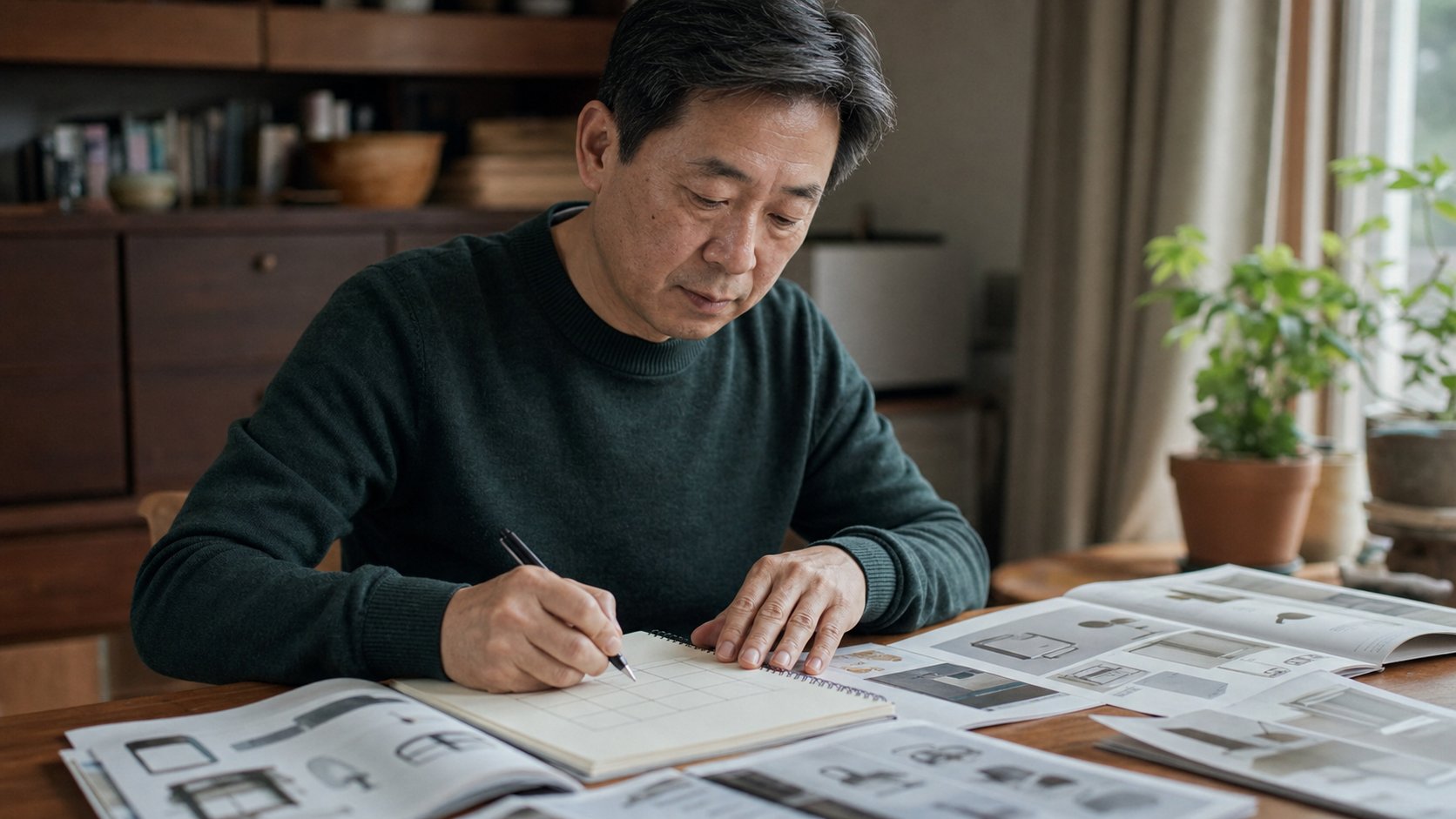 노트에 비교 기준 표를 그려 여러 상품을 대조하는 모습