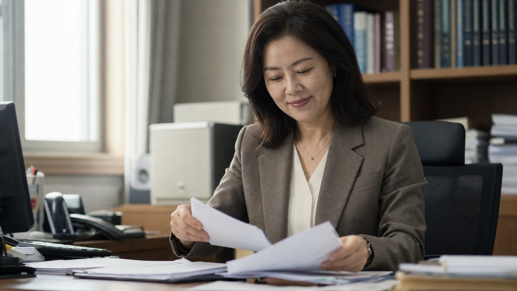 상담을 마치고 서류를 정리하며 안도하는 중년 여성