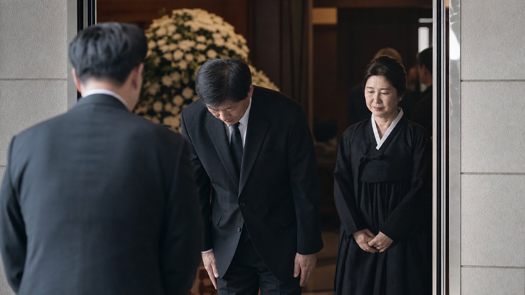 입구에서 예를 갖춰 조문객을 맞이하는 유가족