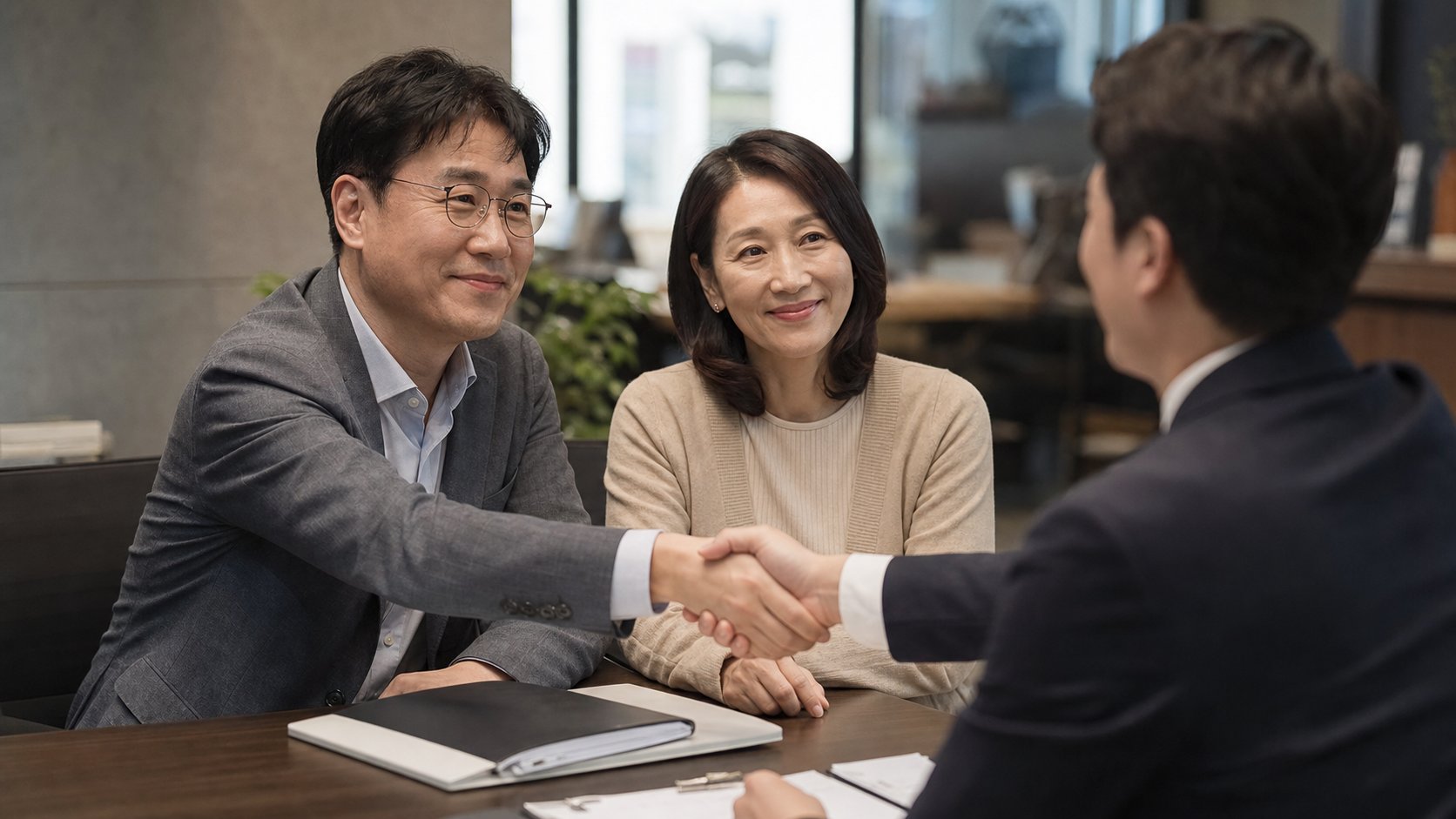 상담을 마치고 신뢰감 있게 악수하며 마무리하는 중년 부부