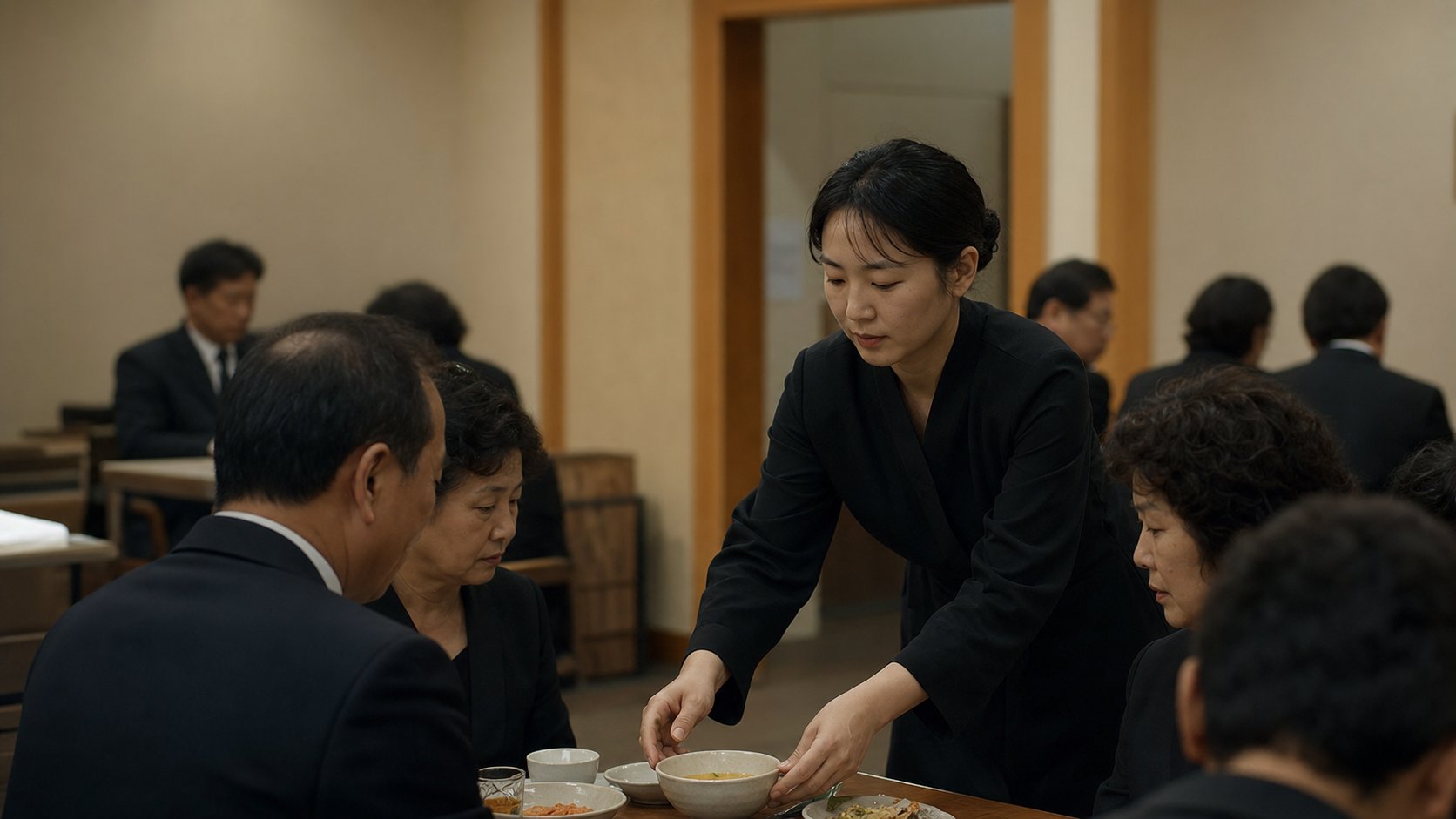며느리가 장례식장 접객실에서 조문객에게 음식을 대접하는 모습