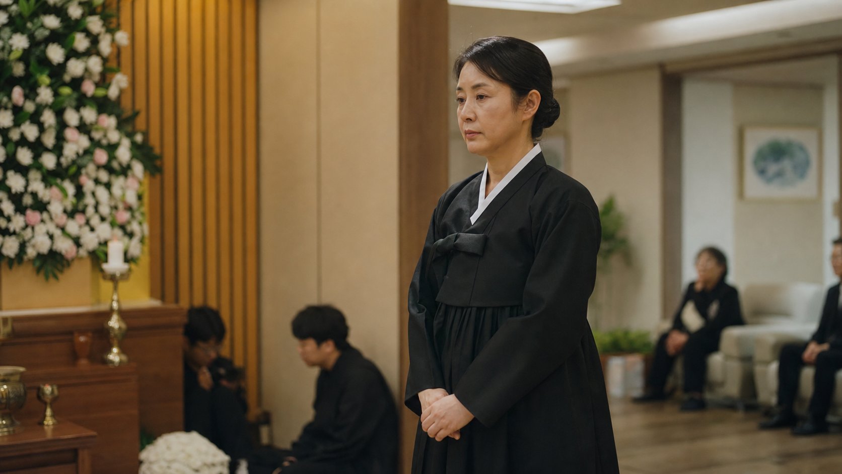 검은 상복을 갖춰 입은 며느리가 빈소에서 단정하게 서 있는 모습