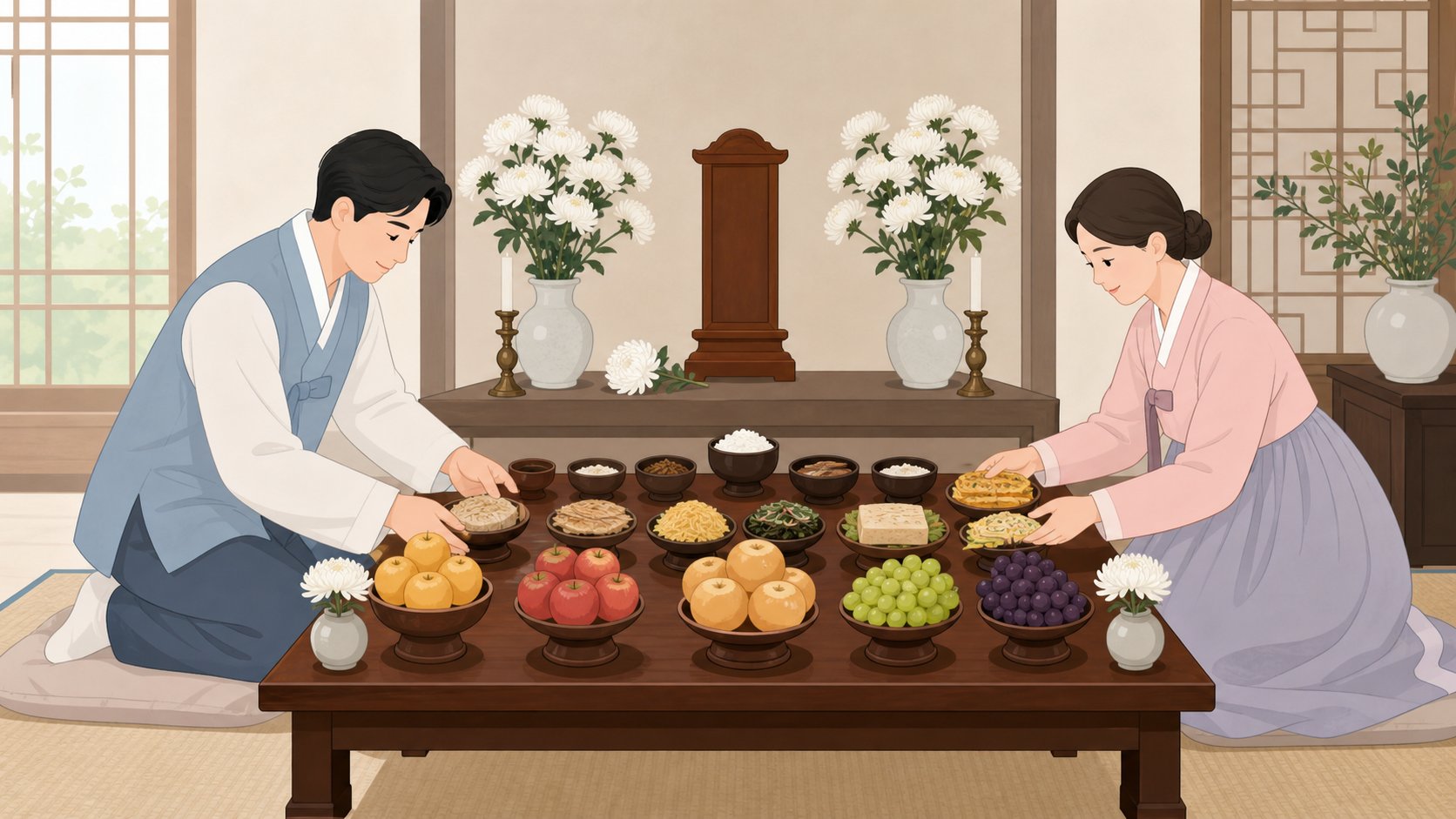 가족이 정성껏 제사상을 차리며 음식을 놓는 모습