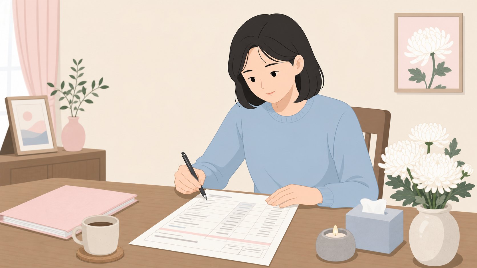 유가족이 장례 비용 정산서를 항목별로 살펴보는 모습