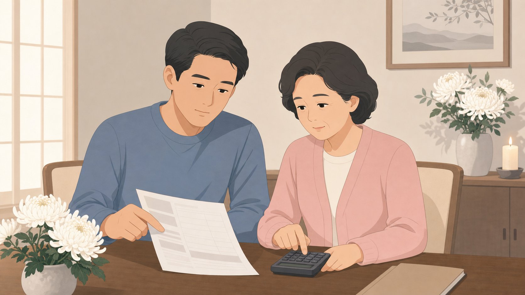 유가족이 견적서를 보며 장례 비용을 계산해 보는 모습
