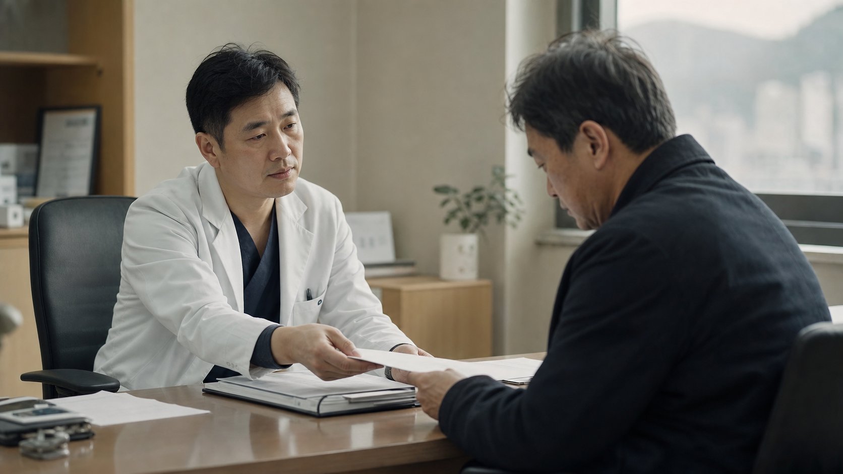 병원 진료실에서 의사가 유가족에게 서류를 건네며 설명하는 모습
