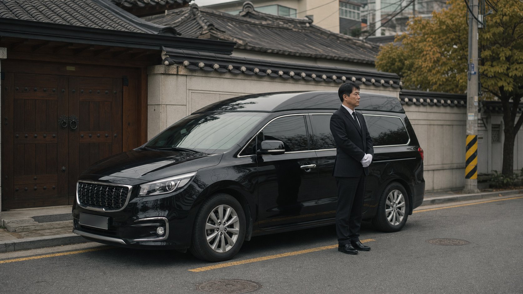 장례식장 이송 차량이 조용한 주택가에 도착해 대기하는 모습