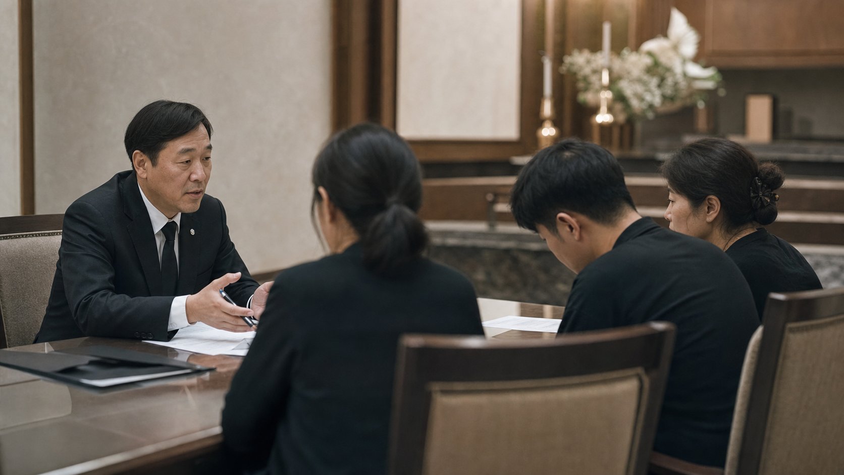 장례식장 상담실에서 장례지도사가 유가족에게 일정을 안내하는 모습