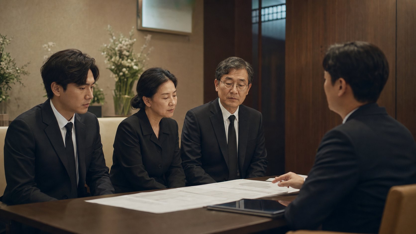 유가족이 장례식장 상담실에서 빈소와 일정을 상의하는 모습