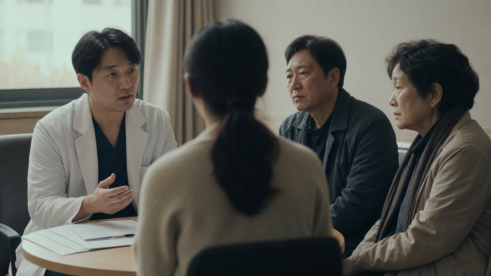 가족이 병원 상담실에서 의료진과 차분히 이야기를 나누는 모습