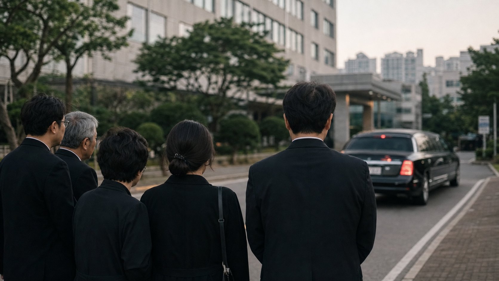 장례식장으로 향하는 이송 차량과 이를 배웅하는 가족의 뒷모습