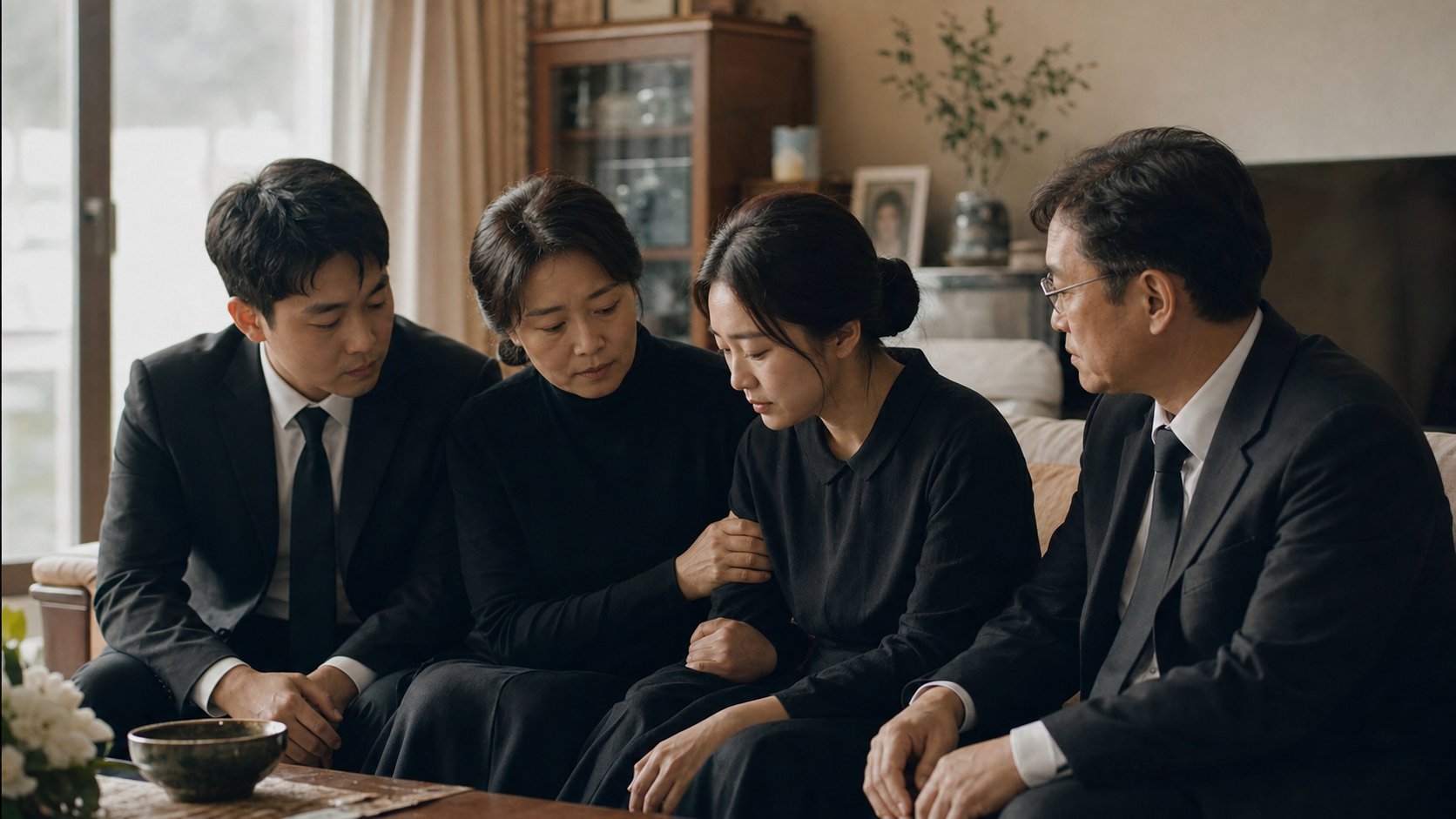 장례를 마친 가족이 조용한 실내에서 서로를 위로하며 앉아 있는 모습