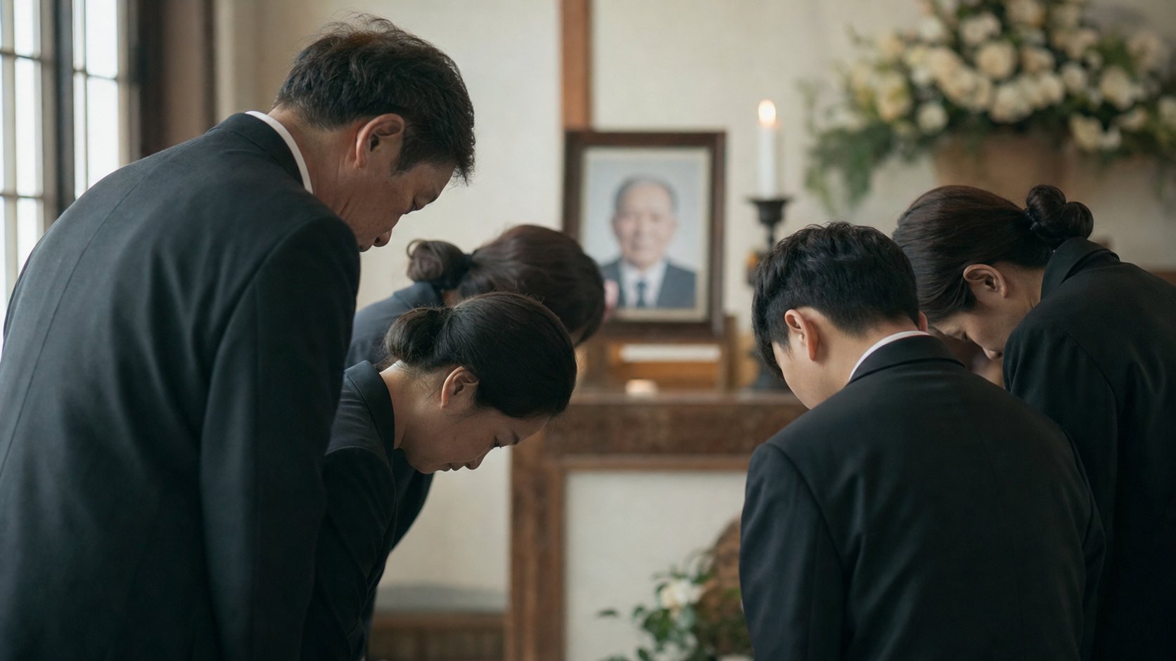단정한 무채색 옷차림의 유가족이 사십구재를 마치고 영정 앞에서 예를 올리는 모습