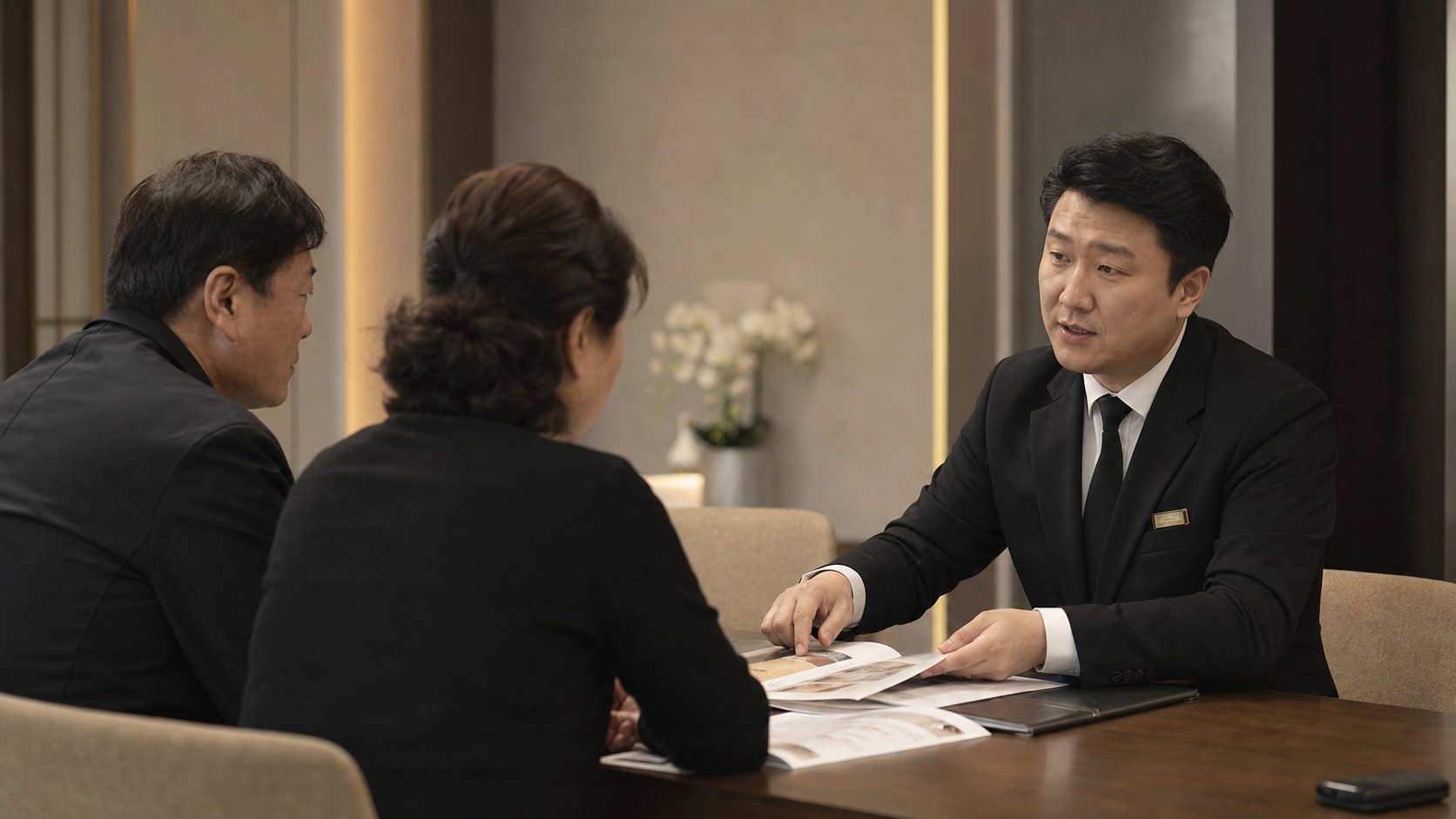 장례지도사가 유가족에게 가족장 상품 구성과 비용을 서류로 설명하는 모습