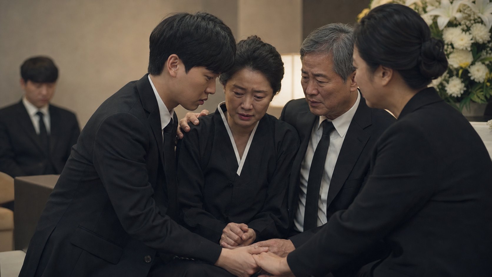 가까운 가족이 소규모 빈소에서 서로 손을 맞잡고 조용히 위로하며 애도하는 모습