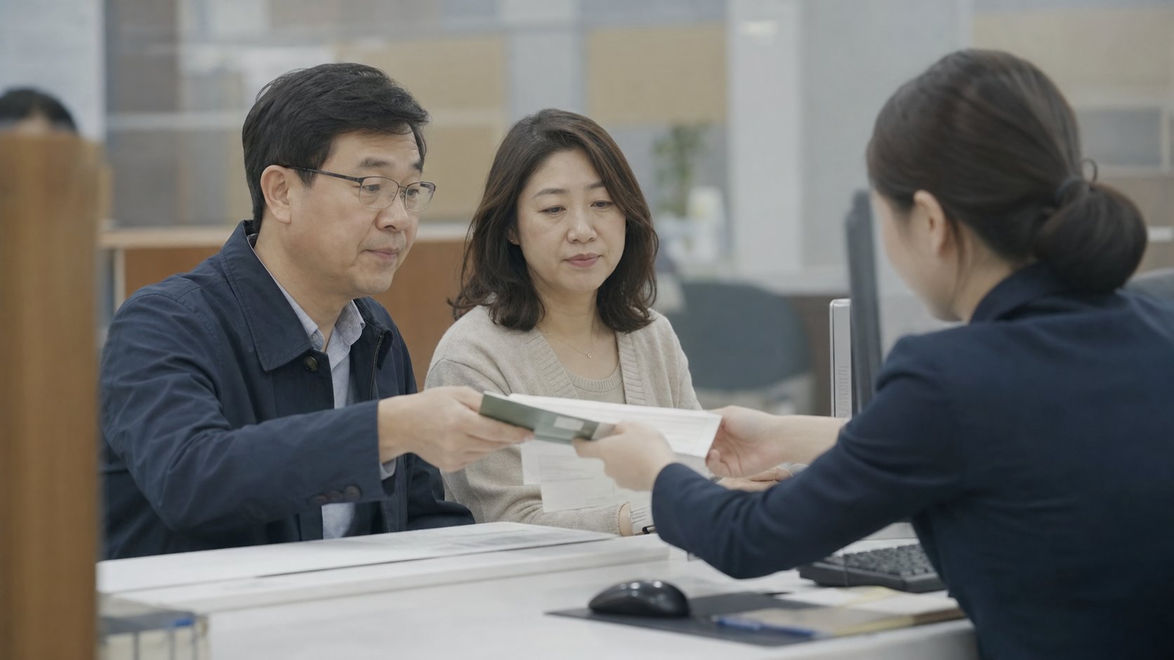유가족이 통장과 서류를 들고 공단 창구에서 유족연금 청구를 접수하는 모습