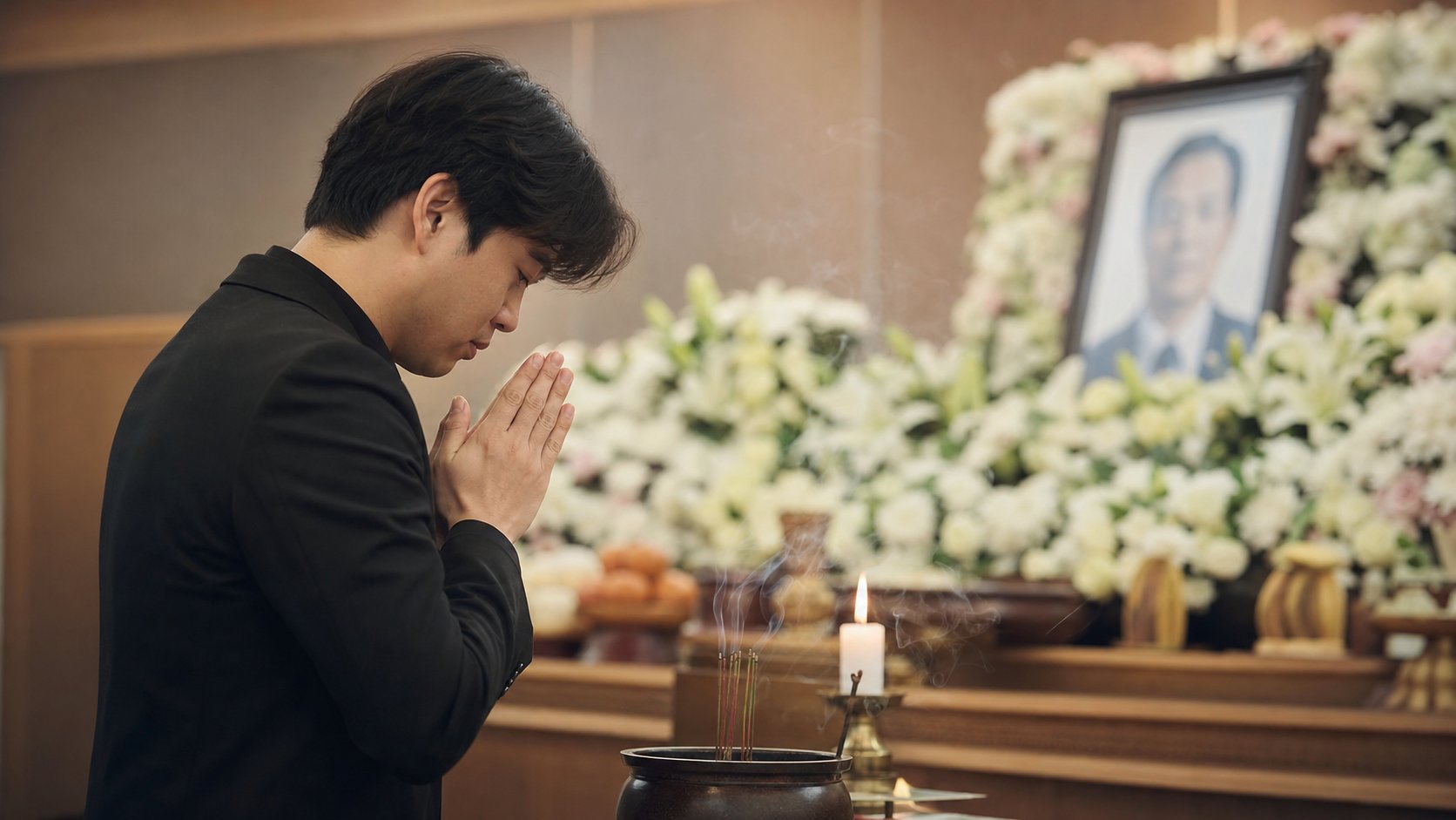조문객이 빈소에서 향을 피우고 두 손을 모아 고인에게 예를 표하는 모습