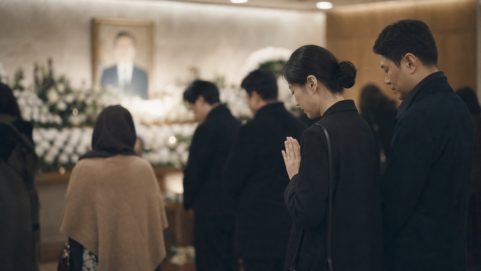 서로 다른 종교의 조문객들이 하나의 빈소에서 각자의 방식으로 예를 표하는 모습
