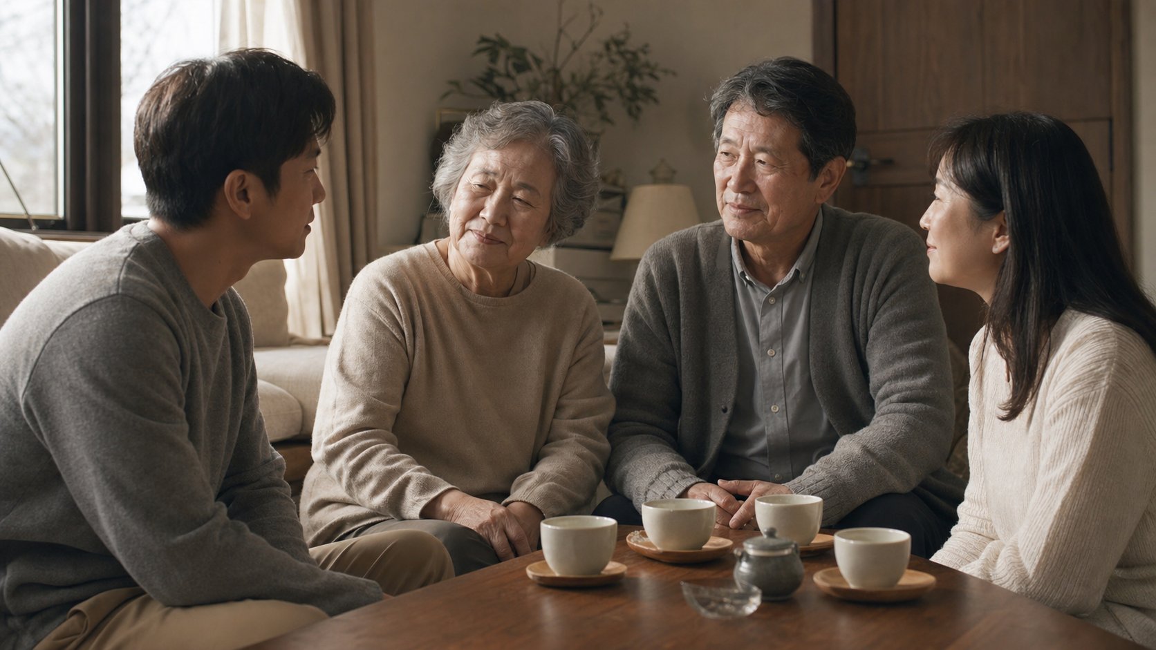 노년의 부부와 성인 자녀가 집에서 삶의 마무리에 대해 대화하는 모습