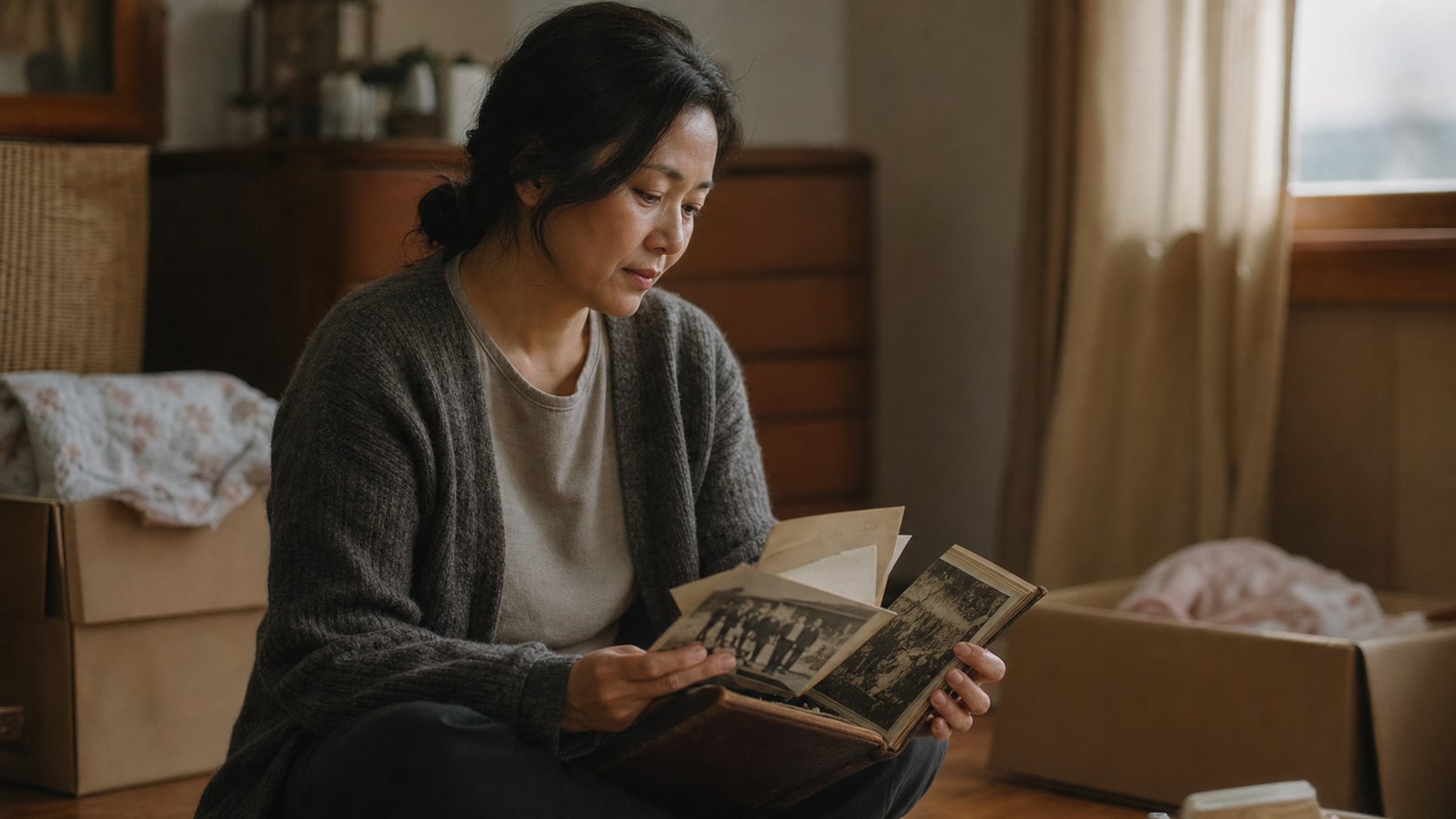 유가족이 고인의 사진첩과 손편지를 바라보며 추억하는 모습