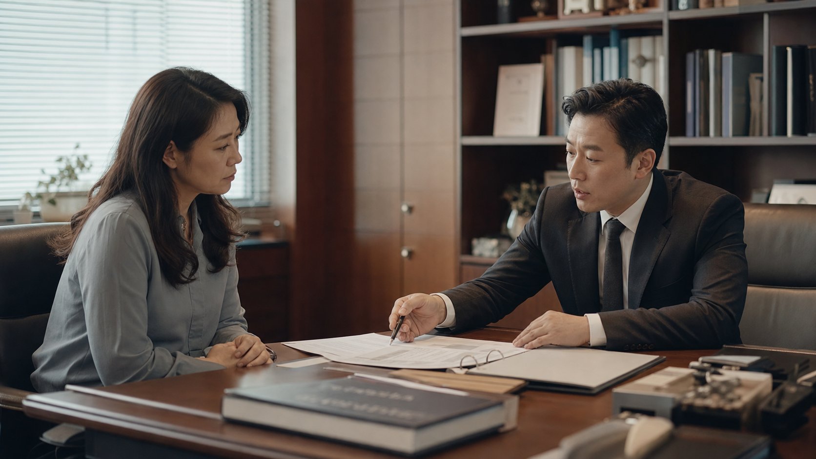 유가족이 법률 상담원과 상속 관련 서류를 보며 상담받는 모습