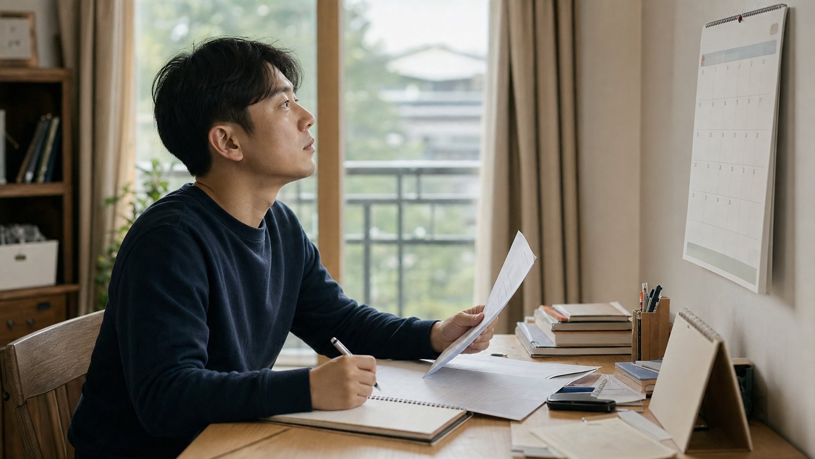 유가족이 달력과 서류를 보며 신청 기한을 확인하고 메모하는 모습