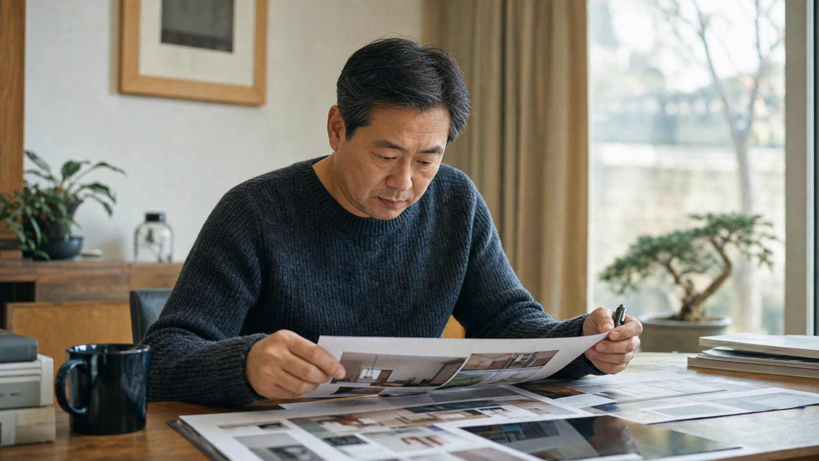 중년의 어르신이 여러 상품 안내서를 펼쳐 놓고 꼼꼼히 비교하며 메모하는 모습