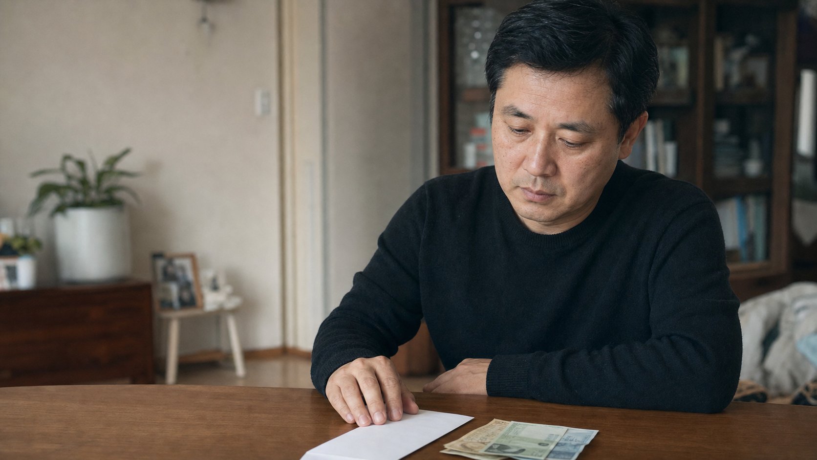 성인이 책상에서 부의금 봉투와 지폐를 앞에 두고 낼 금액을 고민하는 모습