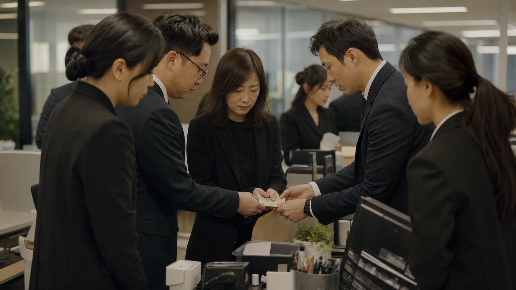 직장 동료 여러 명이 사무실에서 함께 부의금을 모으며 상의하는 모습