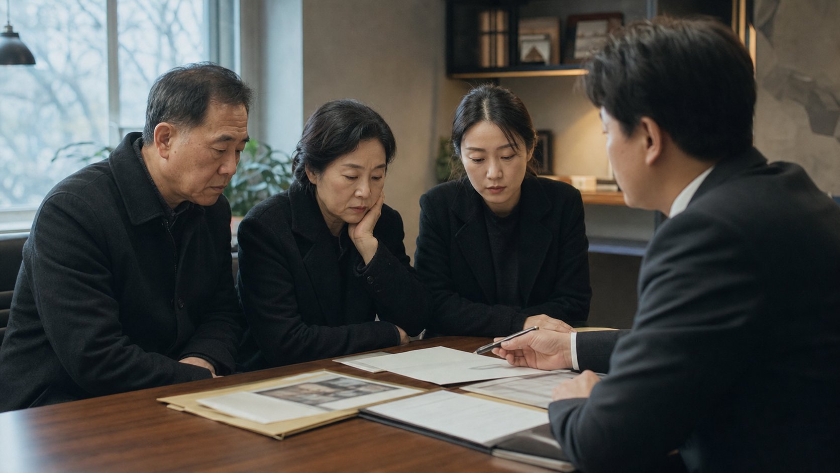 유가족이 상담원과 마주 앉아 상속 관련 서류를 보며 상담받는 모습