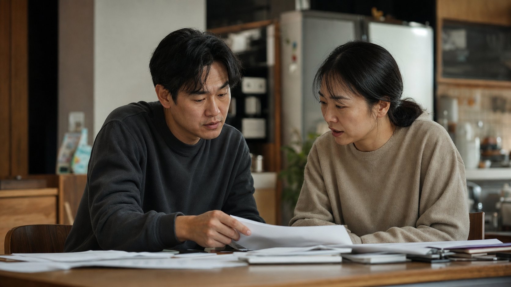 성인 형제가 탁자에서 재산 관련 서류를 함께 살펴보며 이야기하는 모습