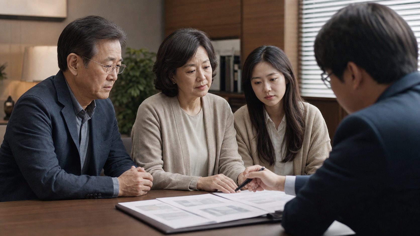 유가족이 상담원과 마주 앉아 재산 서류를 보며 상담받는 모습