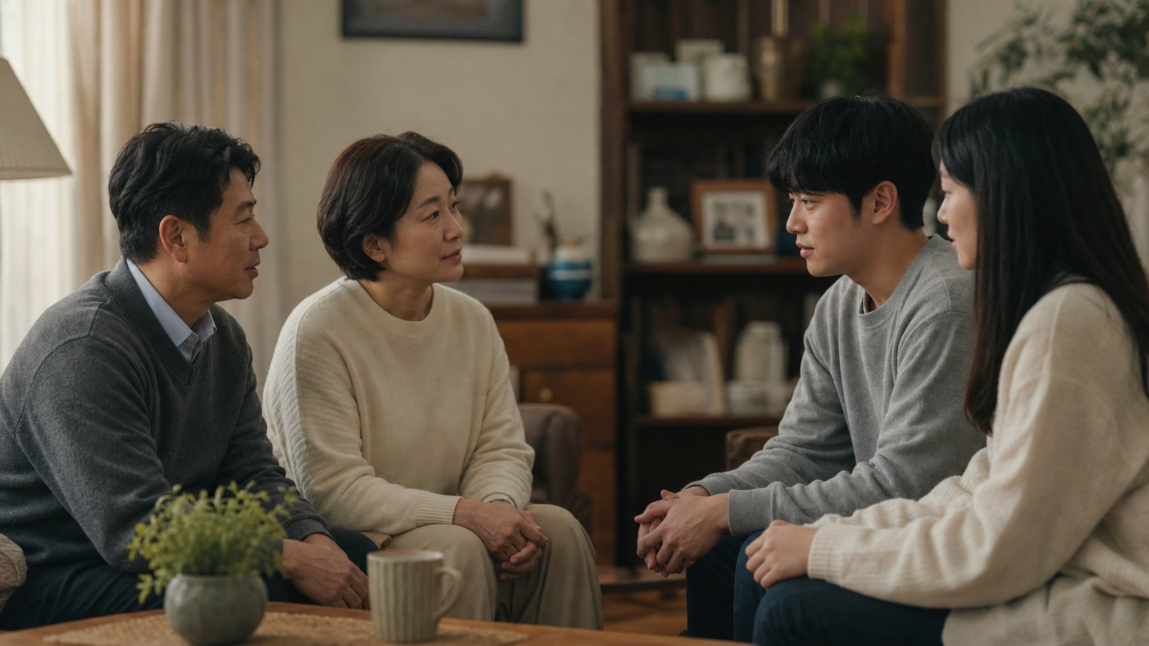 가족이 거실에서 차분하게 마주 앉아 대화하며 서로를 이해하려는 모습