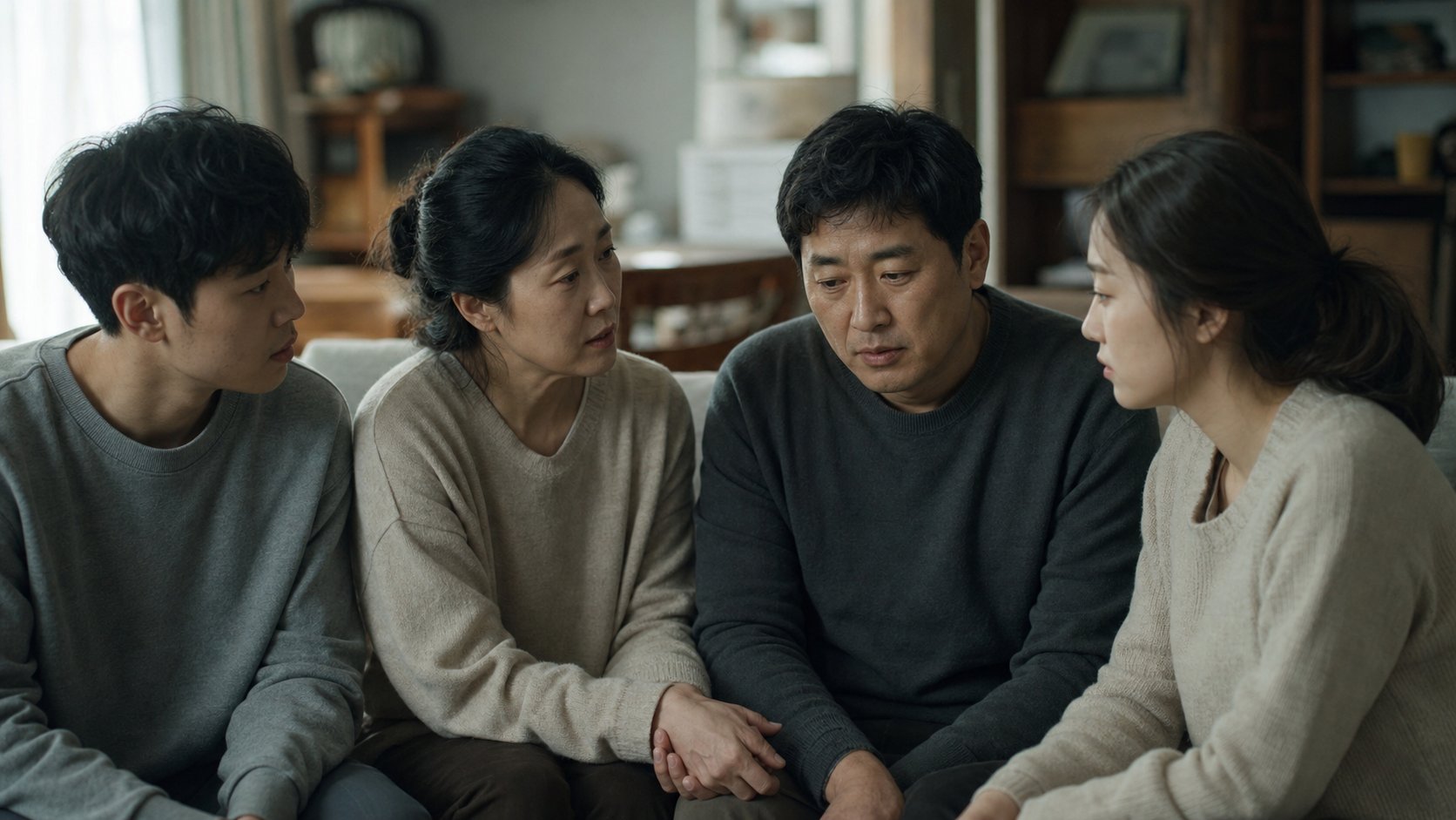 가족이 거실에서 나란히 앉아 진지하게 대화를 나누는 모습