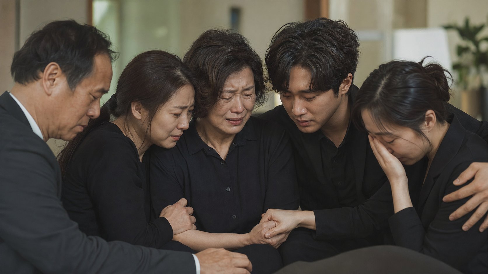 유가족이 조용한 실내에서 서로 위로하며 함께 있는 모습
