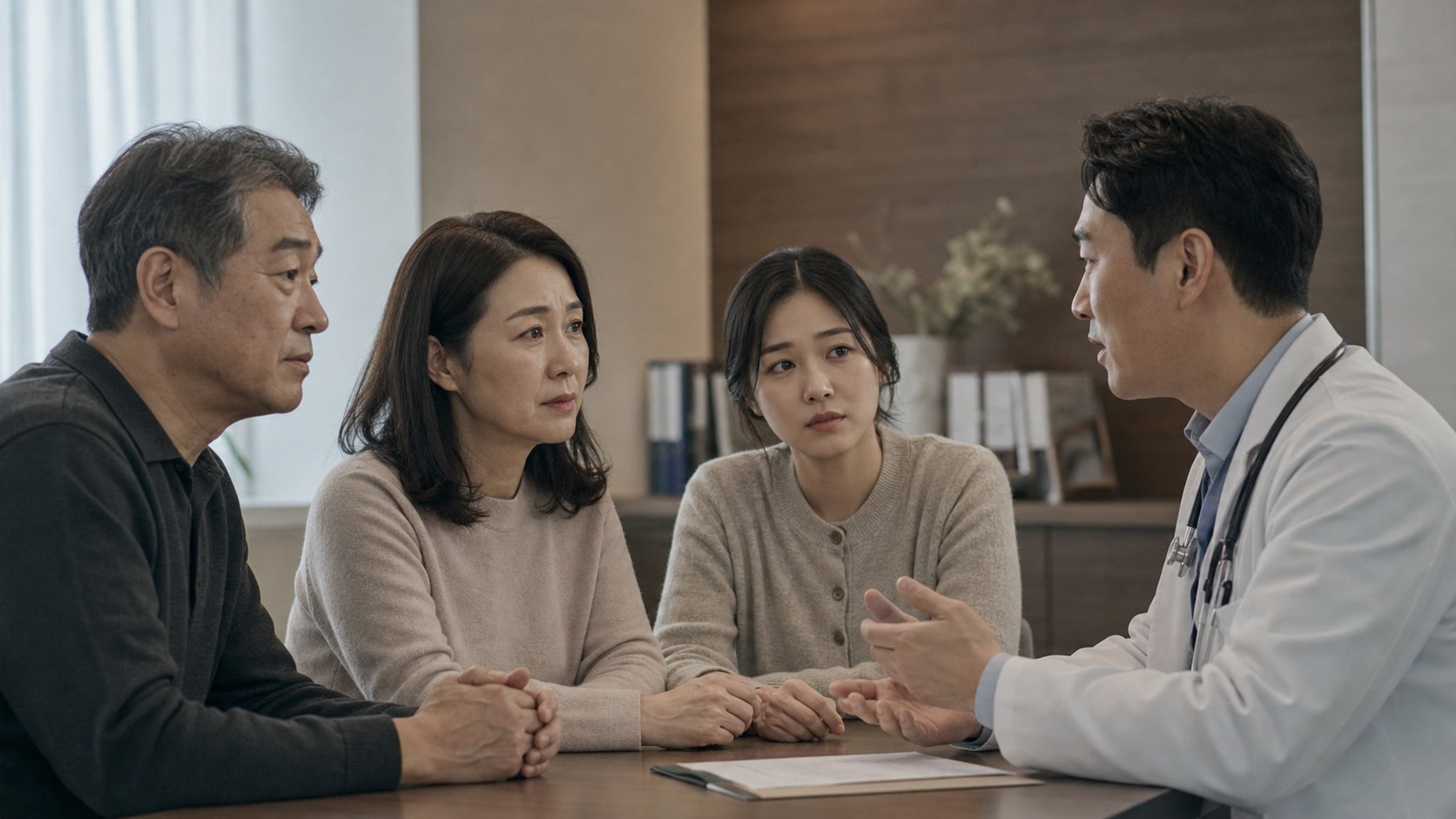 가족이 병원 상담실에서 의료진과 마주 앉아 진지하게 상의하는 모습