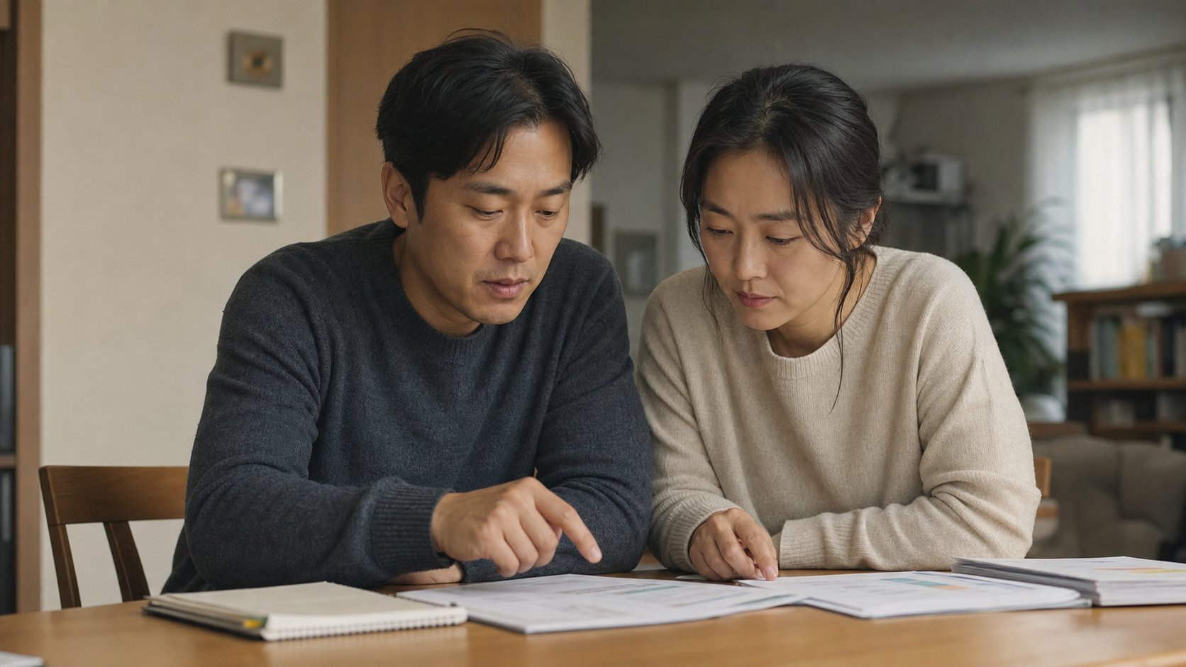 성인 자녀 두 사람이 장례 정산 내용을 함께 확인하는 모습