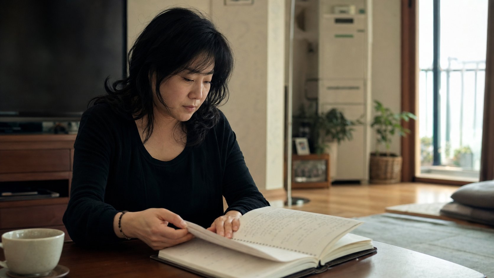 장례를 마친 뒤 집에서 방명록을 보며 감사 인사 명단을 정리하는 모습