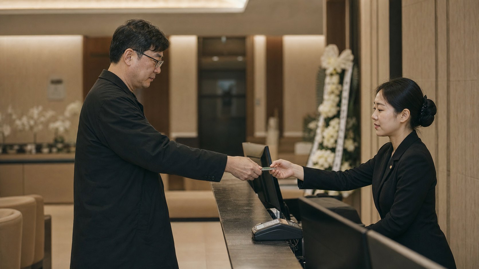 장례식장 사무실 창구에서 카드로 비용을 정산하는 모습