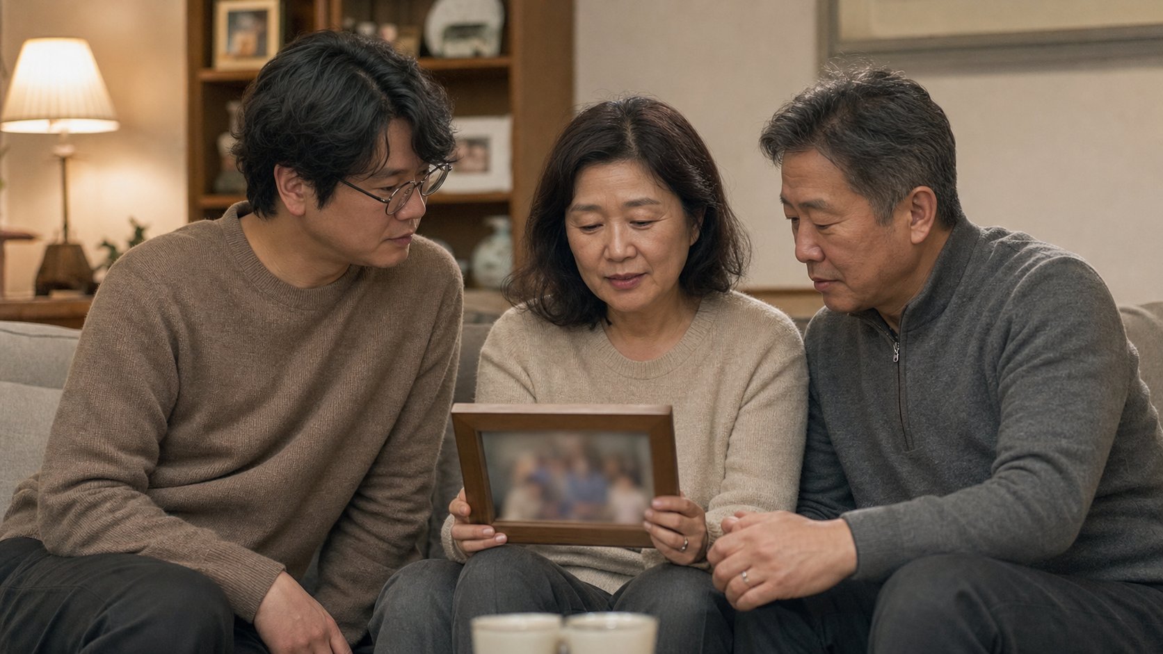 장례를 마친 뒤 집에서 가족이 사진을 보며 이야기 나누는 모습