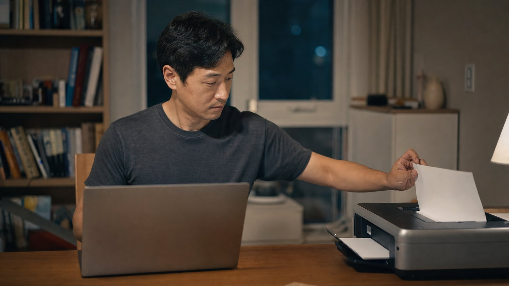 집에서 노트북으로 증명서를 발급받아 출력하는 모습