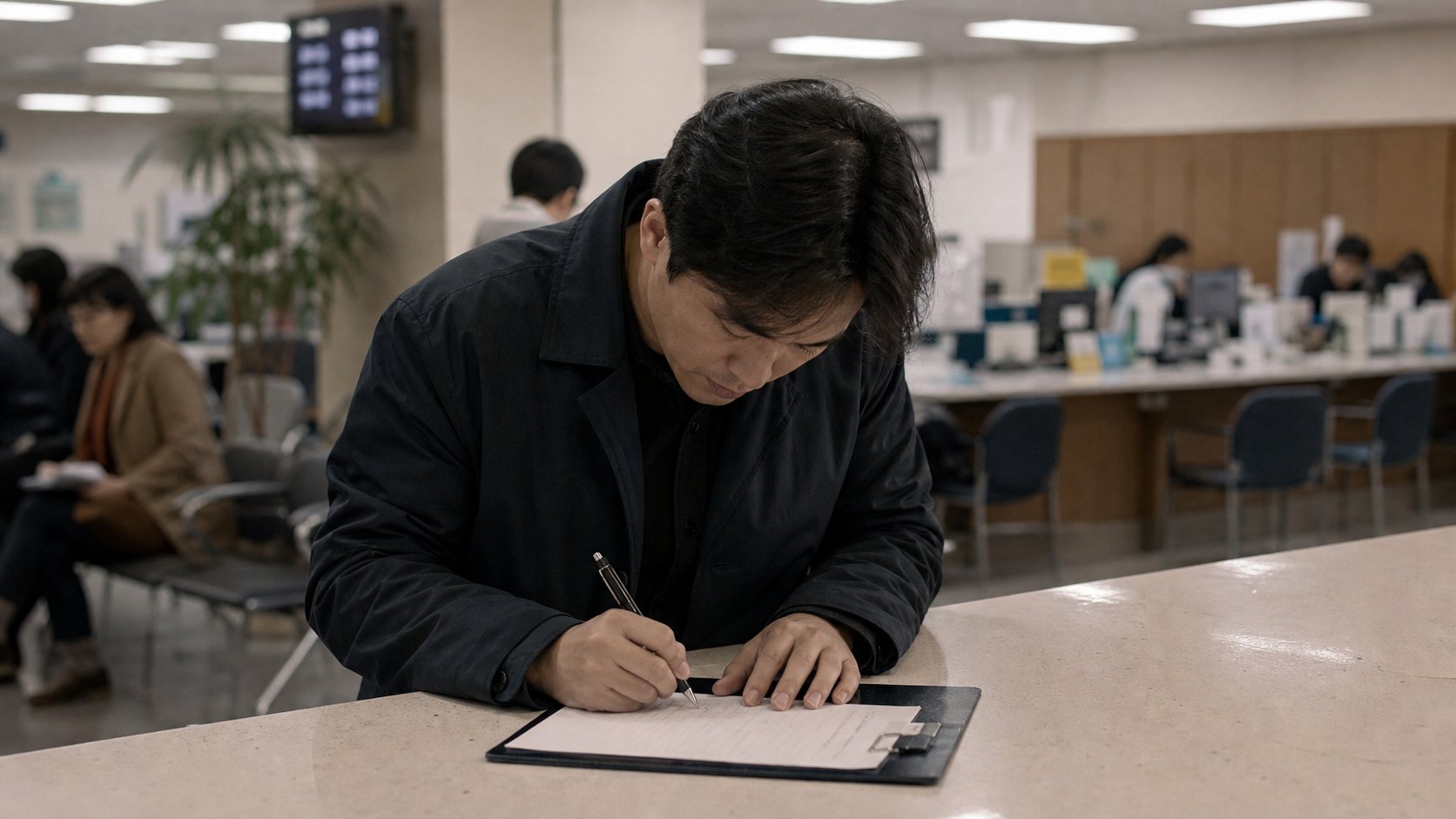 시청 민원실에서 사망신고 서류를 작성하는 모습
