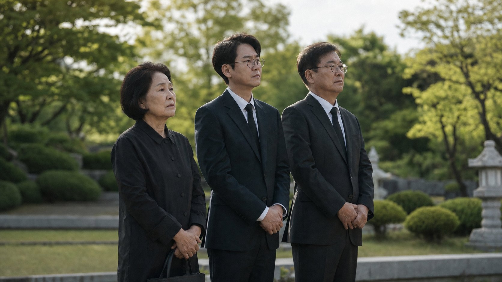 야외 추모 공간에서 가족이 나란히 서서 고인을 기리는 모습