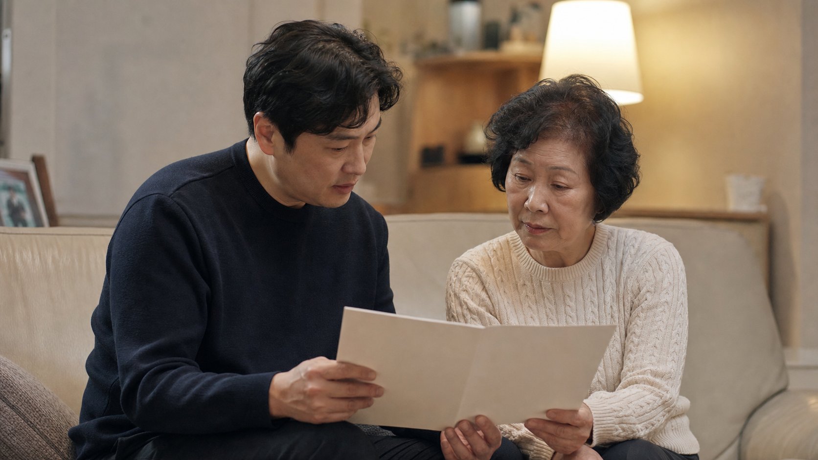 거실에서 유족연금 안내 자료를 함께 읽는 가족
